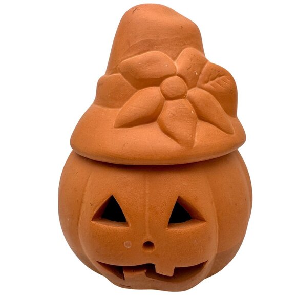 Vintage Jack-O-Lantern Red Clay Terra Cotta 5"  Halloween Pumpkin Candle Holder - Picture 1 of 9